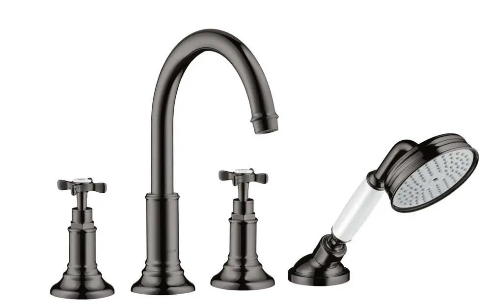 AXOR Armatur mit einem hohen gebogenen Auslauf und zwei Kreuzgriffen sowie einer Handbrause, alles in mattschwarzem Chrom-Finish.